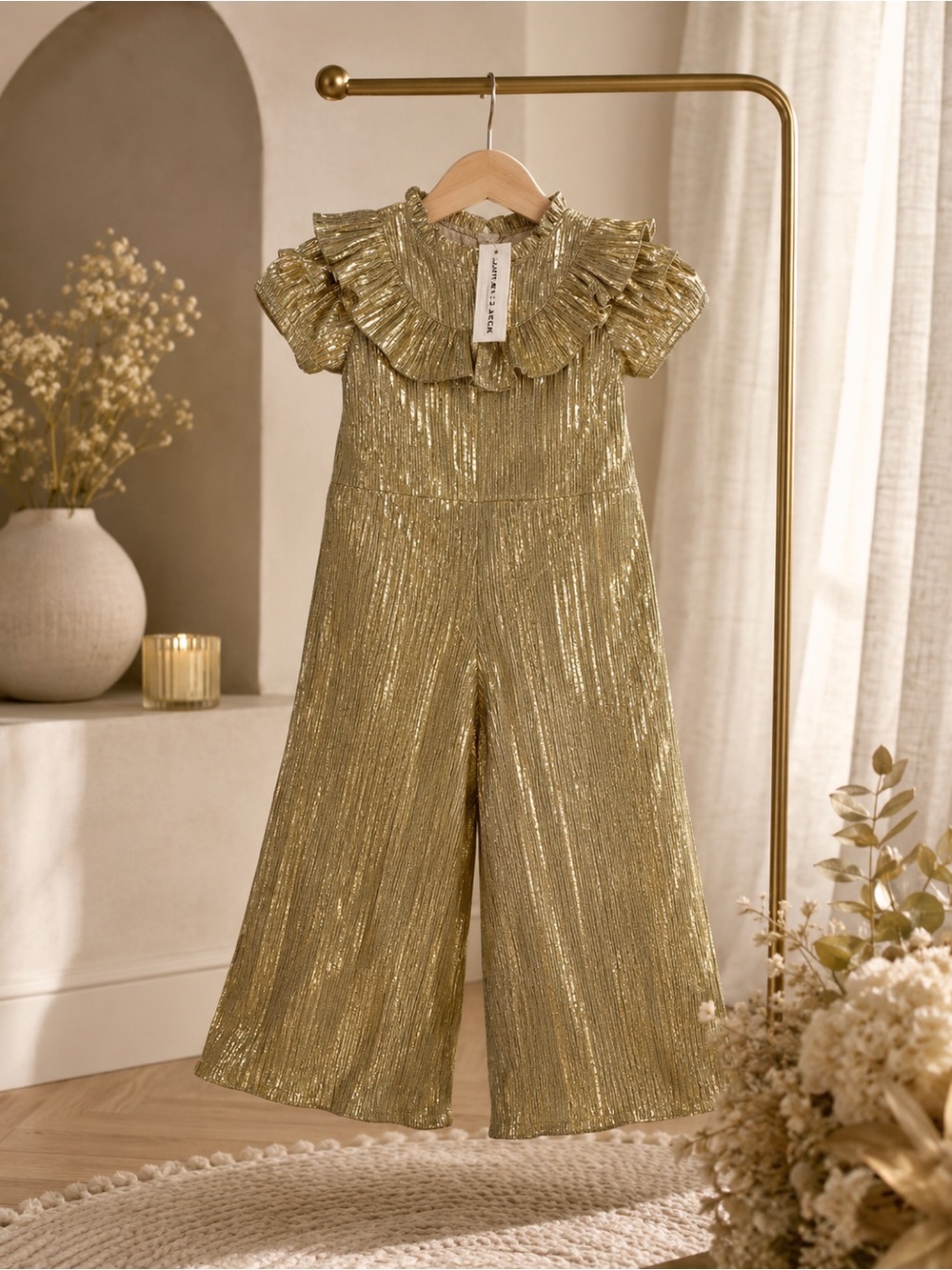 Janie and Jack Metallic Gold Pleated Ruffle Collar Jumpsuit